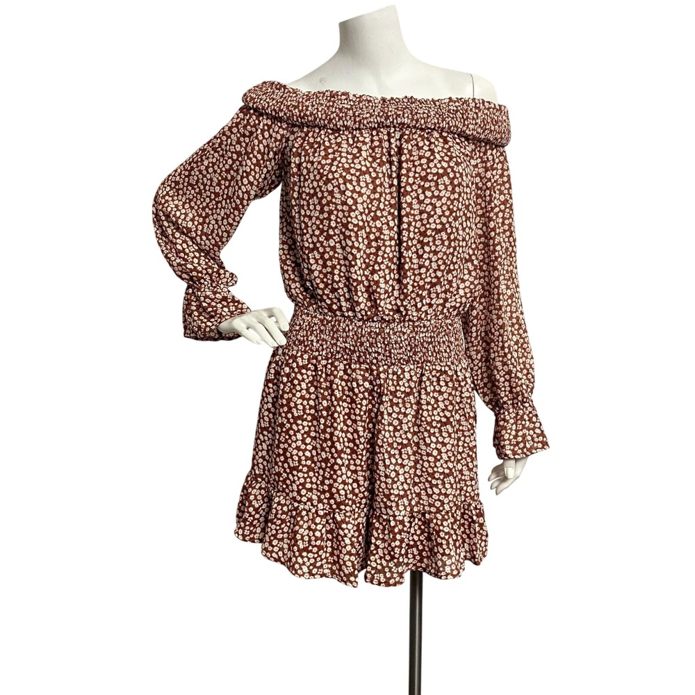 LE‎ LIS Romper Floral Off The Shoulder Sz M Brown White Ruffle Smocked Waist